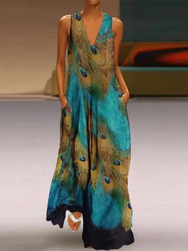 Women Sleeveless Peacock Print Bohemia Beach Long Maxi Dress Comfortable Maxi Dress with Belt
