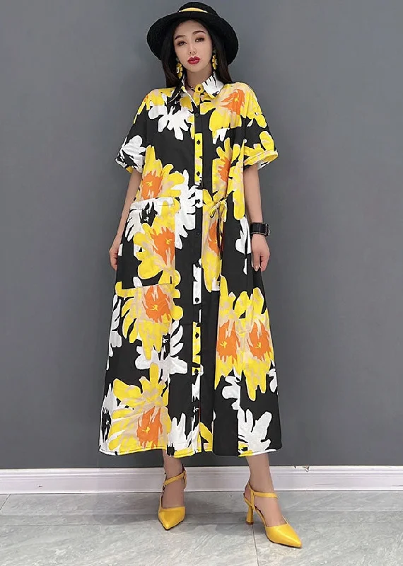 Women Yellow Peter Pan Collar Print Pockets Chiffon Maxi Dress Short Sleeve Elegant Maxi Dress with Pockets Women Yellow Peter Pan Collar Print Pockets Chiffon Maxi Dress Short Sleeve Elegant Maxi Dress with Pockets