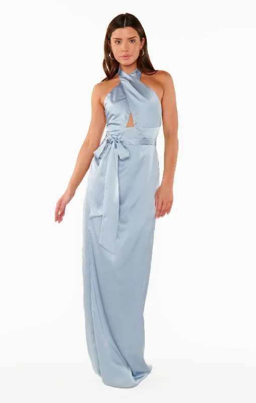 Adele Halter Maxi Dress ~ Steel Blue Luxe Satin Classic Strapless Maxi Dress