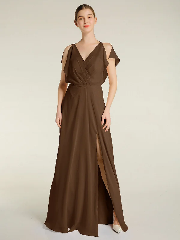 V Neckline Chiffon Maxi Dresses with Slit Brown Fashionable High-Waist Maxi Dress