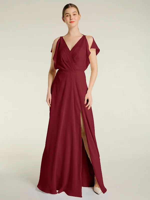 V Neckline Chiffon Maxi Dresses with Slit Burgundy Classic A-Line Maxi Dress