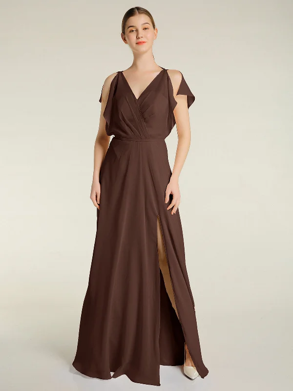 V Neckline Chiffon Maxi Dresses with Slit Chocolate Elegant Maxi Dress with Pockets