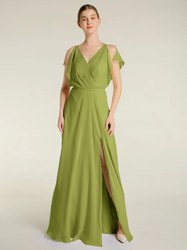 V Neckline Chiffon Maxi Dresses with Slit Clover Trendy V-Neck Maxi Dress