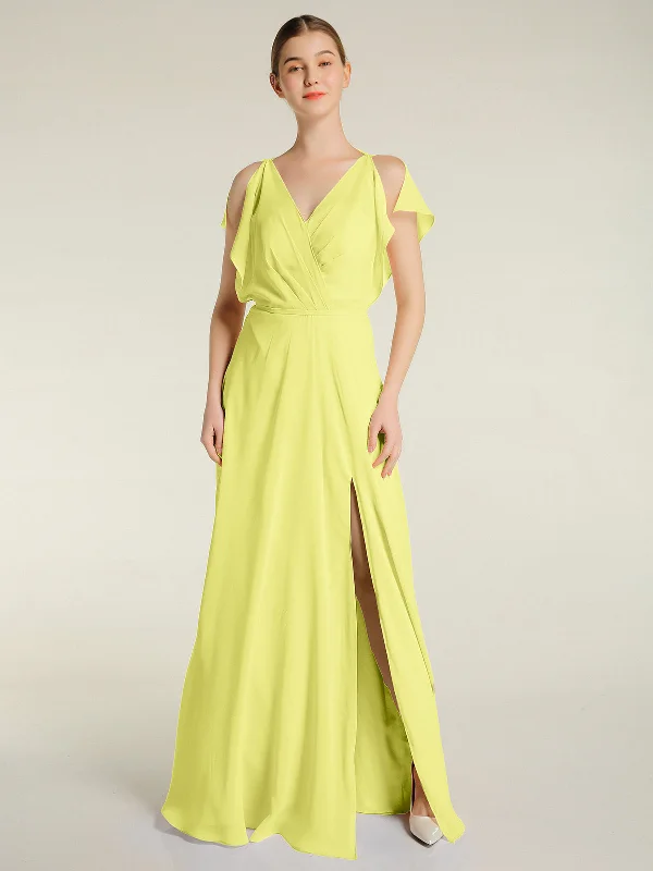 V Neckline Chiffon Maxi Dresses with Slit Daffodil Fashionable High-Waist Maxi Dress