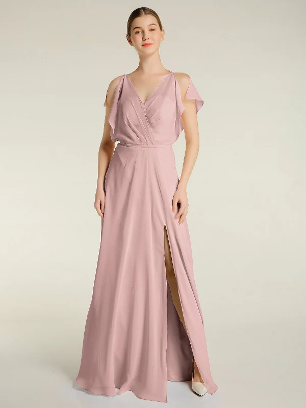 V Neckline Chiffon Maxi Dresses with Slit Dusty Rose Classic A-Line Maxi Dress