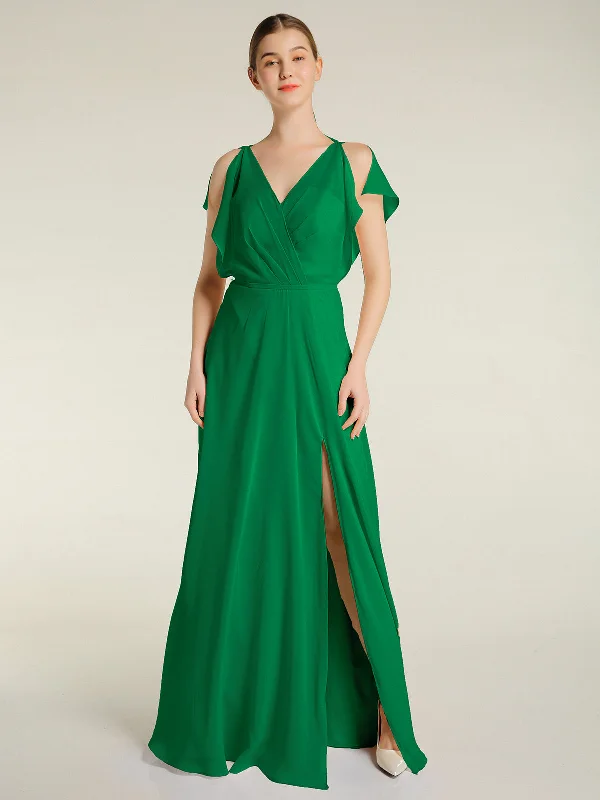 V Neckline Chiffon Maxi Dresses with Slit Emerald Trendy Ruffled Maxi Dress