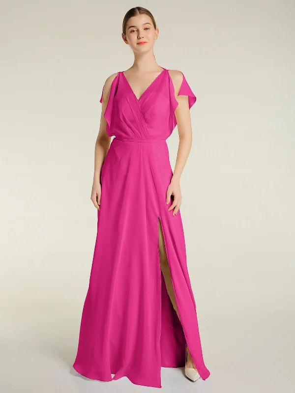 V Neckline Chiffon Maxi Dresses with Slit Fuchsia Stylish Boho Maxi Dress