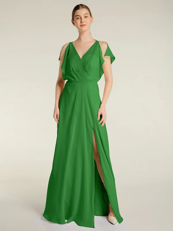 V Neckline Chiffon Maxi Dresses with Slit Green Cozy Ribbed Maxi Dress