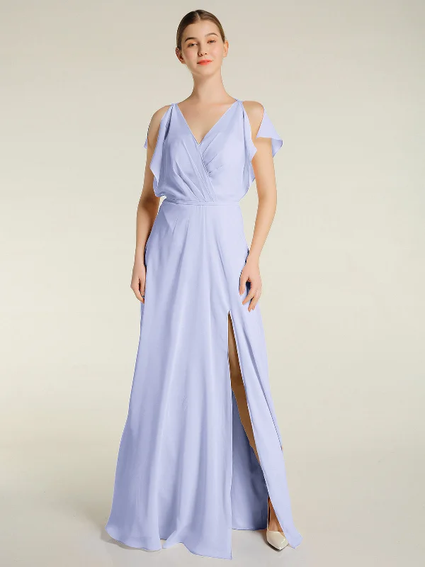 V Neckline Chiffon Maxi Dresses with Slit Lavender Elegant Floral Maxi Dress