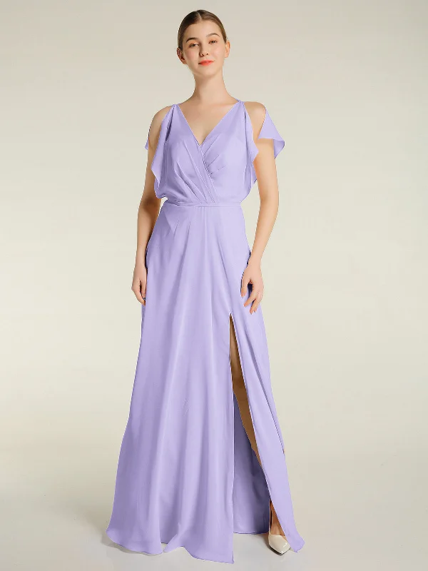 V Neckline Chiffon Maxi Dresses with Slit Lilac Chic Summer Maxi Dress