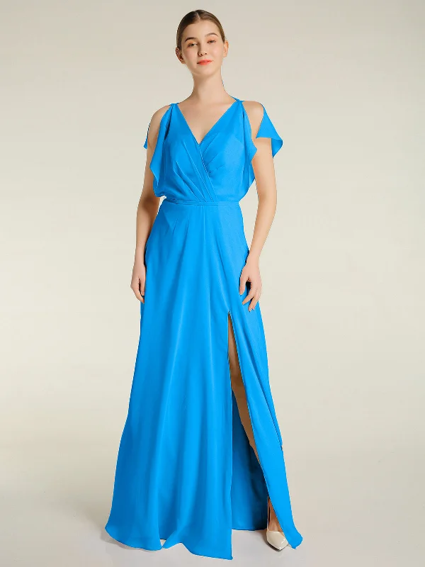 V Neckline Chiffon Maxi Dresses with Slit Ocean Blue Elegant Lace-Up Maxi Dress