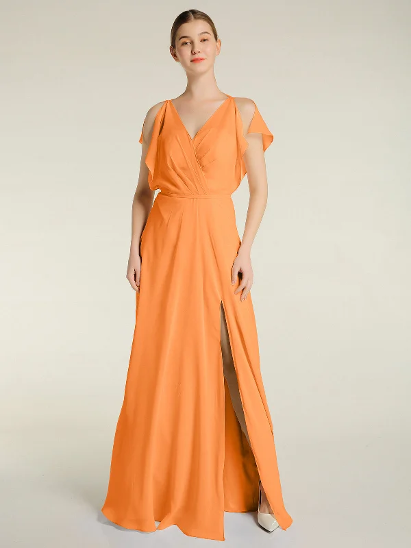 V Neckline Chiffon Maxi Dresses with Slit Orange Comfortable Fit-and-Flare Maxi Dress