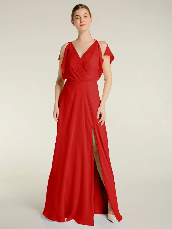 V Neckline Chiffon Maxi Dresses with Slit Red Classic Solid Maxi Dress