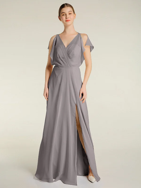 V Neckline Chiffon Maxi Dresses with Slit Silver Elegant Lace Maxi Dress