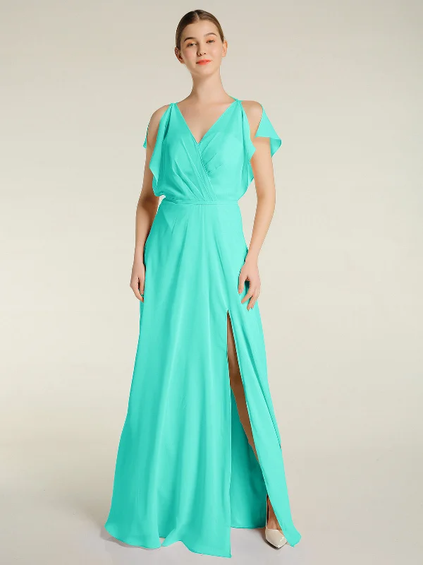 V Neckline Chiffon Maxi Dresses with Slit Spa Stylish V-Neck Maxi Dress