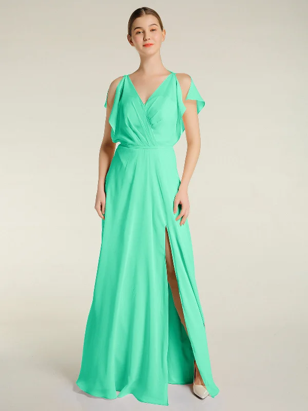 V Neckline Chiffon Maxi Dresses with Slit Turquoise Comfortable Bohemian Maxi Dress