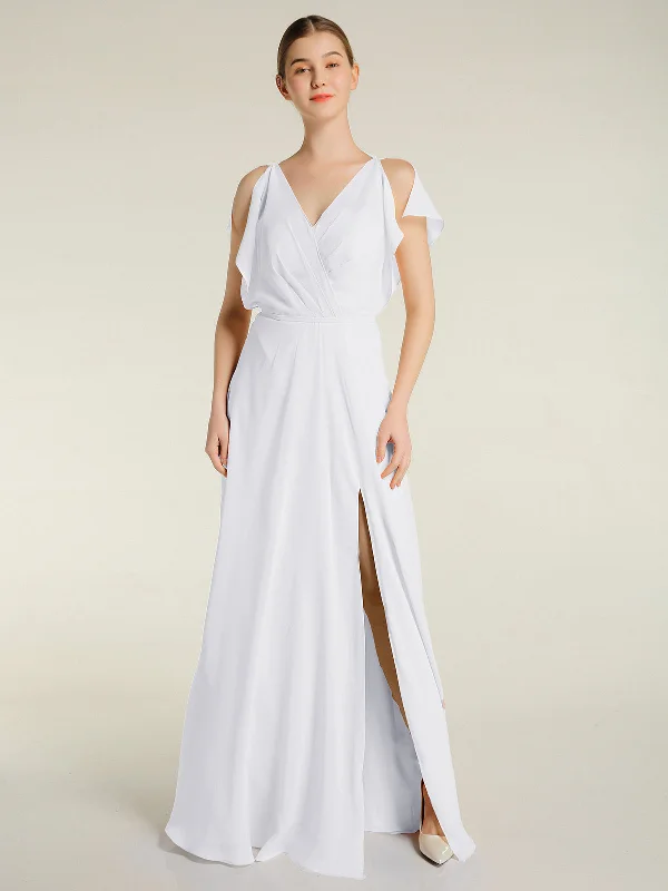 V Neckline Chiffon Maxi Dresses with Slit White Fashionable Asymmetrical Maxi Dress