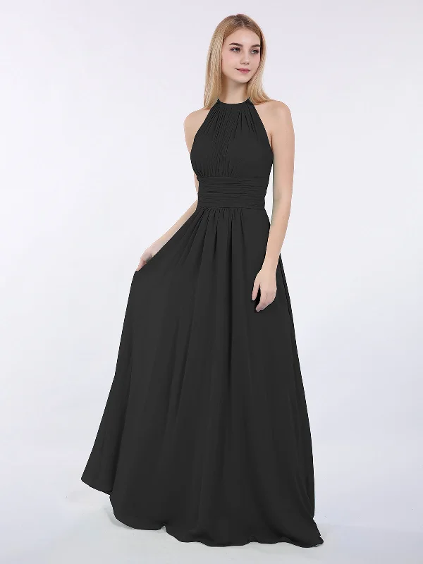 Halter Chiffon Maxi Dress of Bridesmaid Black Stylish Off-Shoulder Maxi Dress