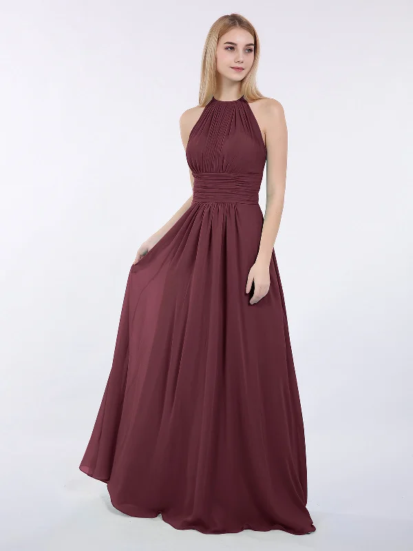 Halter Chiffon Maxi Dress of Bridesmaid Cabernet Elegant Silk Maxi Dress