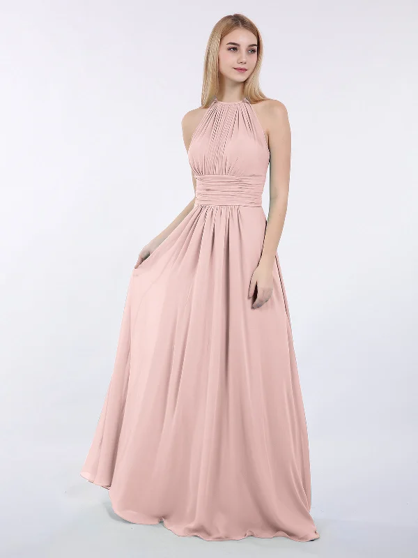 Halter Chiffon Maxi Dress of Bridesmaid Dusty Rose Elegant Wraparound Maxi Dress