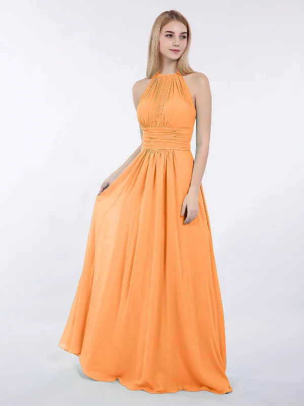 Halter Chiffon Maxi Dress of Bridesmaid Orange Classic Solid Maxi Dress