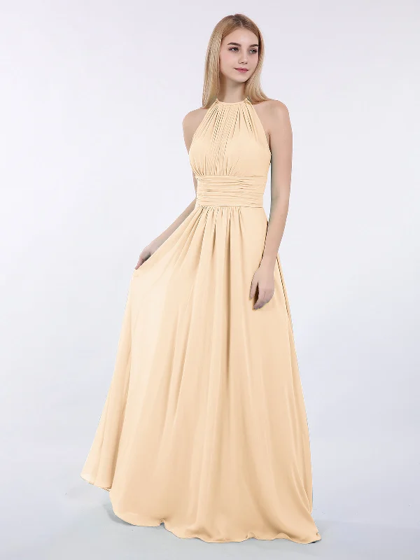 Halter Chiffon Maxi Dress of Bridesmaid Peach Comfortable Bohemian Maxi Dress