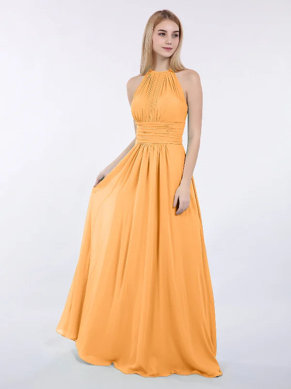 Halter Chiffon Maxi Dress of Bridesmaid Tangerine Fashionable High-Low Maxi Dress