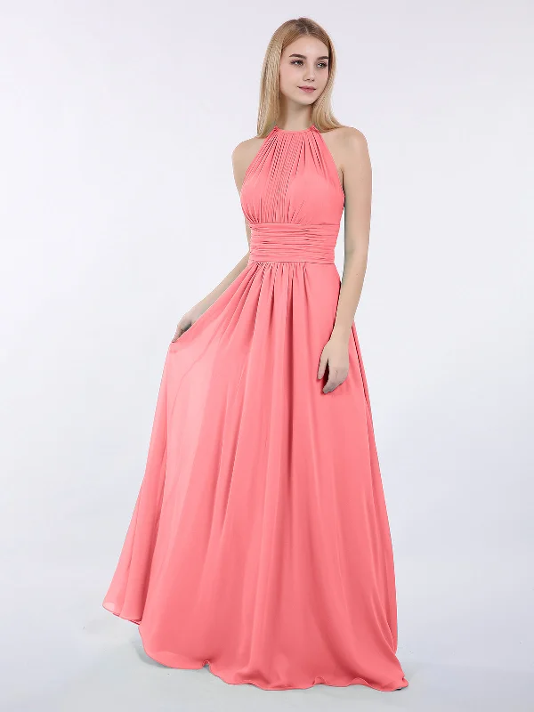 Halter Chiffon Maxi Dress of Bridesmaid Watermelon Comfortable Bohemian Maxi Dress