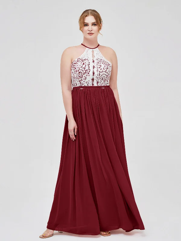 Halter Maxi Dress with Ivory Lace Bodice-Burgundy Elegant Silk Maxi Dress