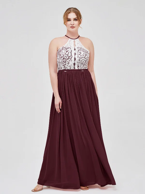 Halter Maxi Dress with Ivory Lace Bodice-Cabernet Trendy Maxi Dress with Belt