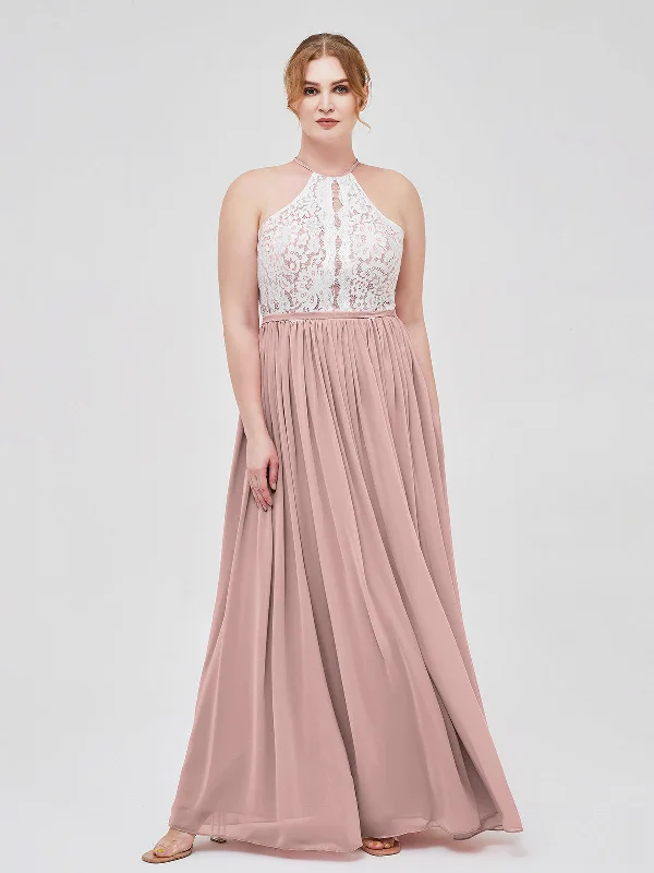 Halter Maxi Dress with Ivory Lace Bodice-Dusty Rose Fashionable Maxi Dress with Fringe