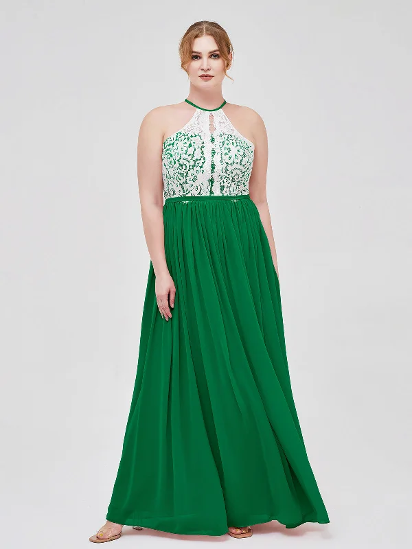 Halter Maxi Dress with Ivory Lace Bodice-Emerald Elegant Sleeveless Maxi Dress