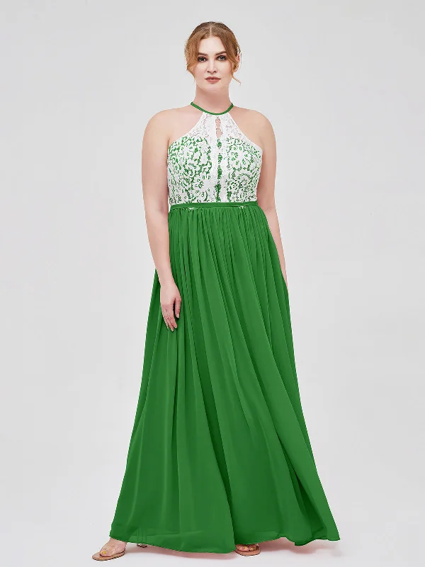 Halter Maxi Dress with Ivory Lace Bodice-Green Trendy A-Line Maxi Dress