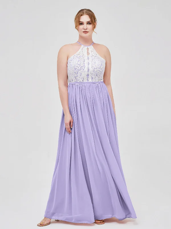 Halter Maxi Dress with Ivory Lace Bodice-Lilac Fashionable Open-Back Maxi Dress