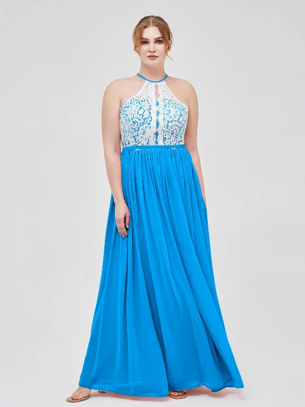 Halter Maxi Dress with Ivory Lace Bodice-Ocean Blue Trendy Fit-and-Flare Maxi Dress