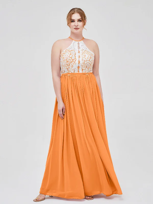 Halter Maxi Dress with Ivory Lace Bodice-Orange Trendy Maxi Dress with Belt