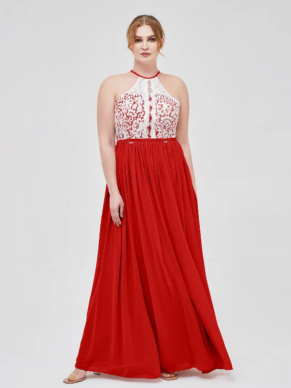 Halter Maxi Dress with Ivory Lace Bodice-Red Trendy Maxi Dress with Belt