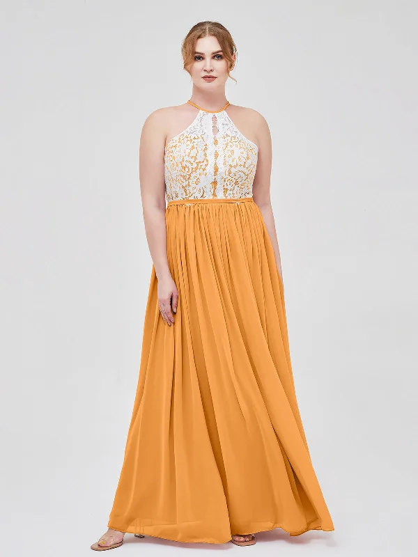 Halter Maxi Dress with Ivory Lace Bodice-Tangerine Comfortable Ruffle Maxi Dress