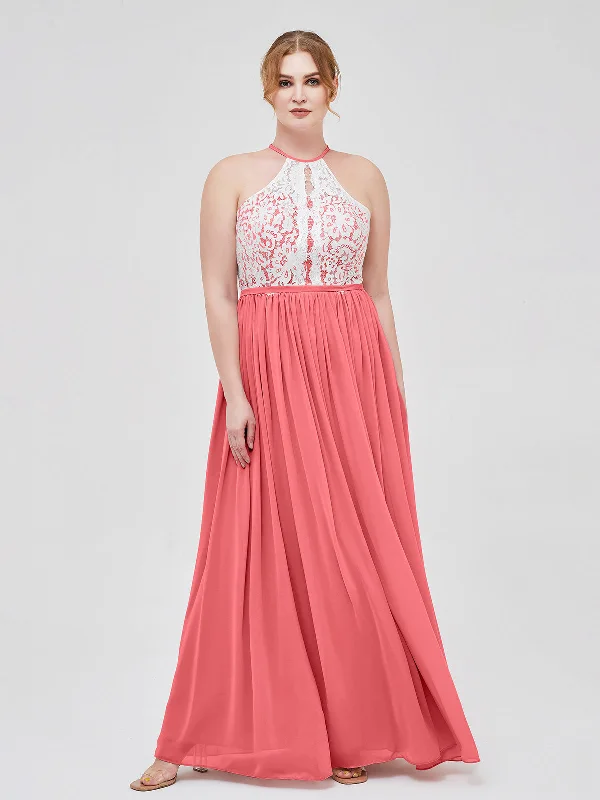 Halter Maxi Dress with Ivory Lace Bodice-Watermelon Cozy Spaghetti Strap Maxi Dress