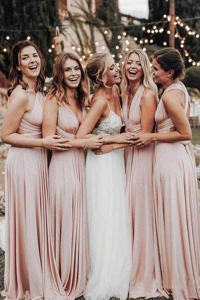 Cheap Long Chiffon Blush Pink Bridesmaid Dresses Convertible Open Back Maxi Dress Comfortable Fit-and-Flare Maxi Dress