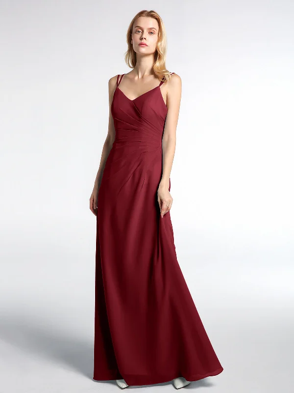 Double Straps Cross Back Chiffon Maxi Dress-Burgundy Comfortable Maxi Dress with Sleeves