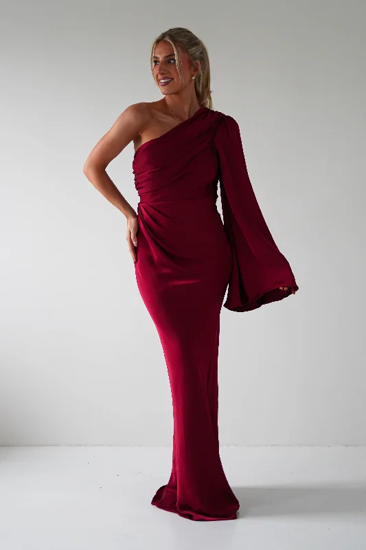 Elegance Silky Maxi Dress | Wine Comfortable Plunging Neckline Maxi Dress