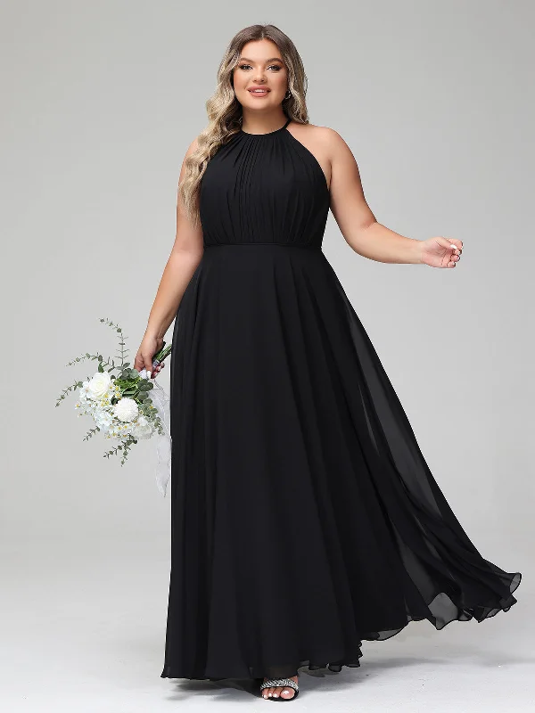 Halter Neck Chiffon Maxi Dress with Circle Skirt-Black Plus Size Cozy Cold-Shoulder Maxi Dress