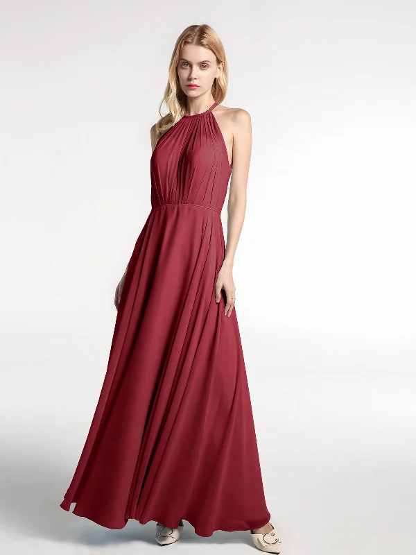 Halter Neck Chiffon Maxi Dress with Circle Skirt-Burgundy Stylish Button-Up Maxi Dress