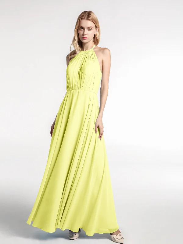 Halter Neck Chiffon Maxi Dress with Circle Skirt-Daffodil Trendy A-Line Maxi Dress