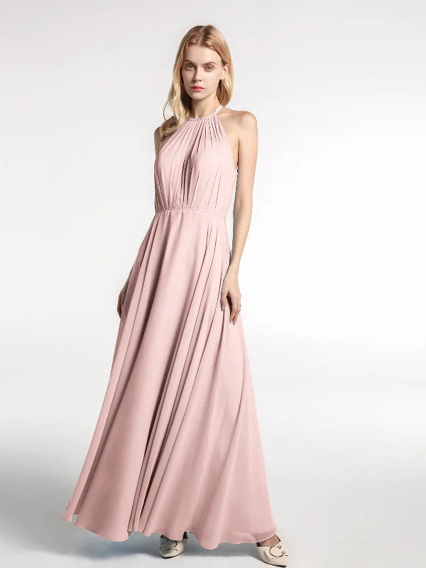 Halter Neck Chiffon Maxi Dress with Circle Skirt-Dusty Rose Elegant Lace-Up Maxi Dress