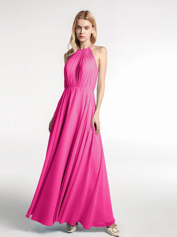 Halter Neck Chiffon Maxi Dress with Circle Skirt-Fuchsia Fashionable High-Waist Maxi Dress