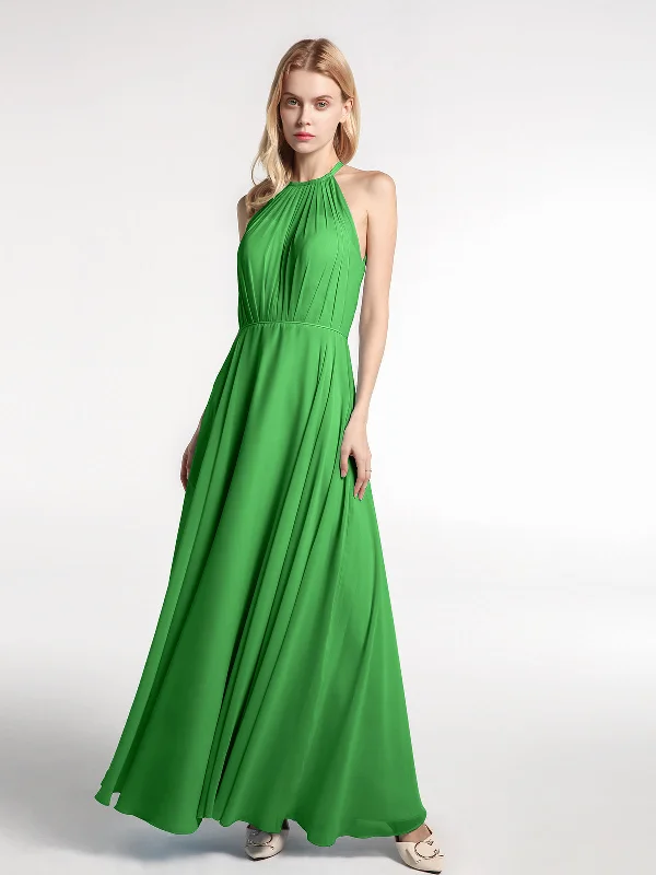 Halter Neck Chiffon Maxi Dress with Circle Skirt-Green Elegant Floral Maxi Dress