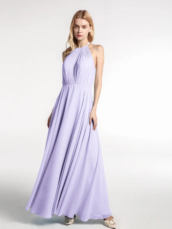 Halter Neck Chiffon Maxi Dress with Circle Skirt-Lilac Fashionable Off-Shoulder Maxi Dress