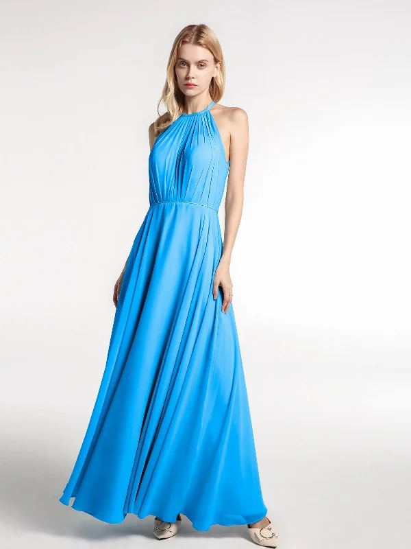 Halter Neck Chiffon Maxi Dress with Circle Skirt-Ocean Blue Elegant Lace Maxi Dress